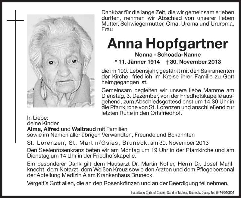  Traueranzeige für Anna Hopfgartner vom 02.12.2013 aus Dolomiten