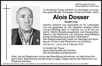Traueranzeige von Alois Dosser von Dolomiten