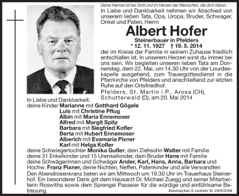 Traueranzeige von Albert Hofer von Dolomiten