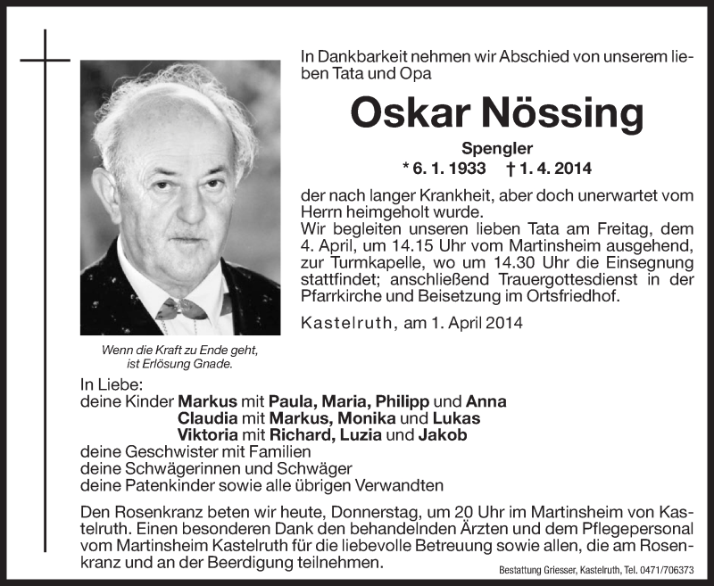  Traueranzeige für Oskar Nössing vom 03.04.2014 aus Dolomiten