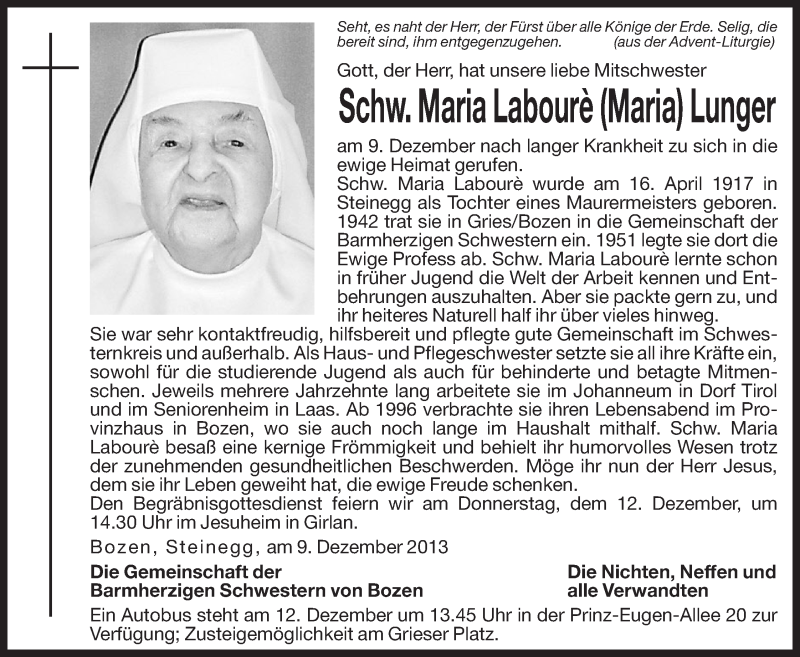  Traueranzeige für Maria Laboure Lunger vom 10.12.2013 aus Dolomiten