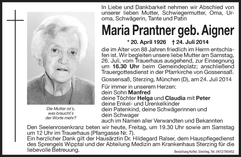  Traueranzeige für Maria Prantner vom 25.07.2014 aus Dolomiten