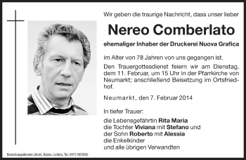 Traueranzeige von Nereo Comberlato von Dolomiten