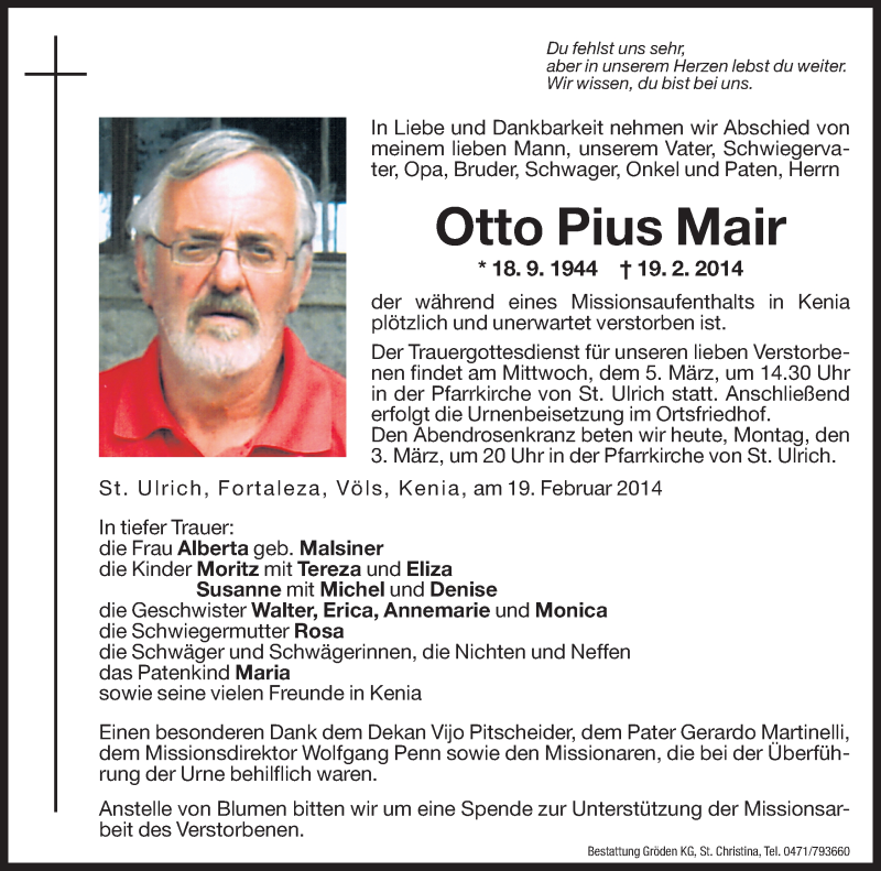  Traueranzeige für Otto Pius Mair vom 03.03.2014 aus Dolomiten