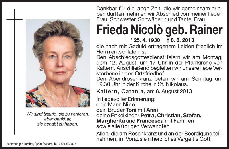  Traueranzeige für Frieda Nicolo vom 10.08.2013 aus Dolomiten