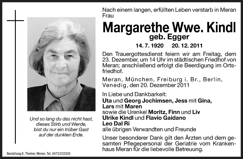  Traueranzeige für Margarethe Kindl vom 21.12.2011 aus Dolomiten