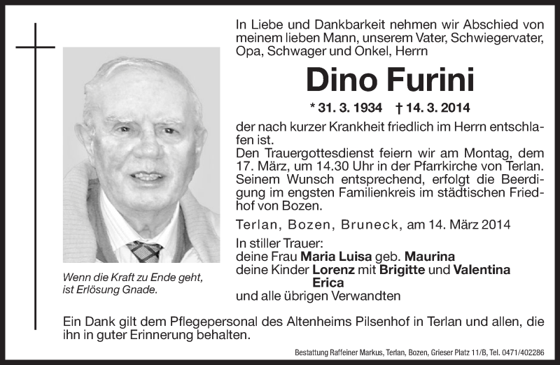  Traueranzeige für Dino Furini vom 15.03.2014 aus Dolomiten