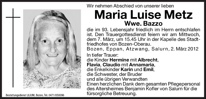  Traueranzeige für Maria Luise Bazzo vom 05.03.2012 aus Dolomiten