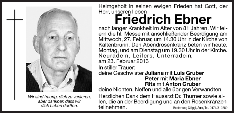  Traueranzeige für Friedrich Ebner vom 25.02.2013 aus Dolomiten