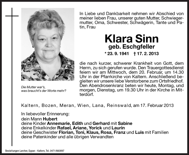  Traueranzeige für Klara Sinn vom 18.02.2013 aus Dolomiten