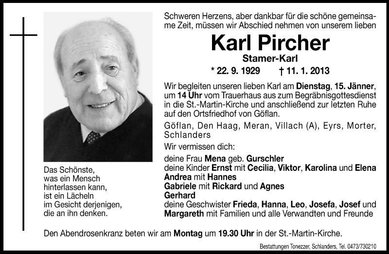  Traueranzeige für Karl Pircher vom 14.01.2013 aus Dolomiten