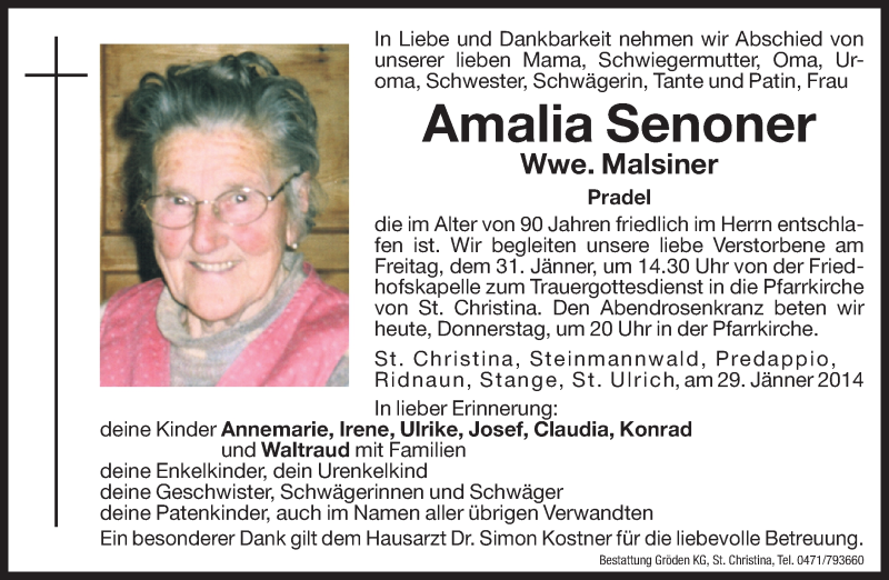  Traueranzeige für Amalia Malsiner vom 30.01.2014 aus Dolomiten