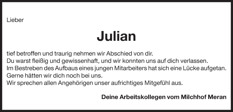  Traueranzeige für Julian  vom 03.03.2014 aus Dolomiten