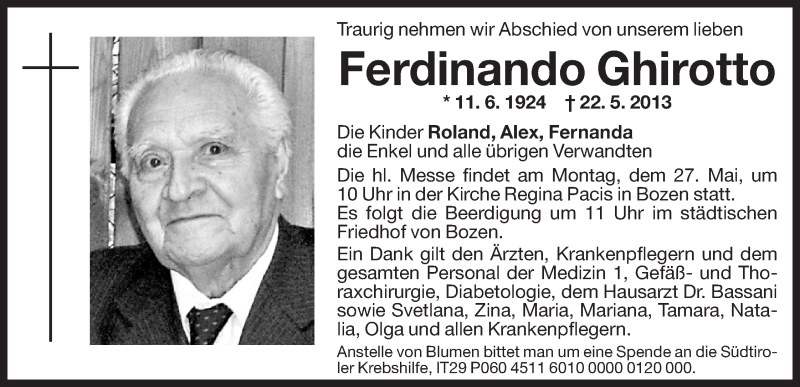  Traueranzeige für Ferdinando Ghirotto vom 24.05.2013 aus Dolomiten