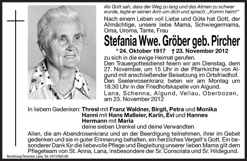  Traueranzeige für Stefania Gröber vom 24.11.2012 aus Dolomiten