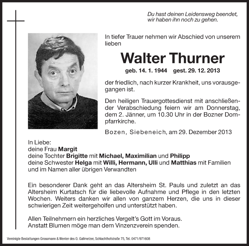  Traueranzeige für Walter Thurner vom 31.12.2013 aus Dolomiten