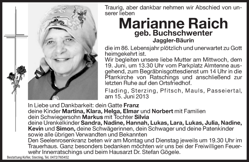  Traueranzeige für Marianne Raich vom 17.06.2013 aus Dolomiten