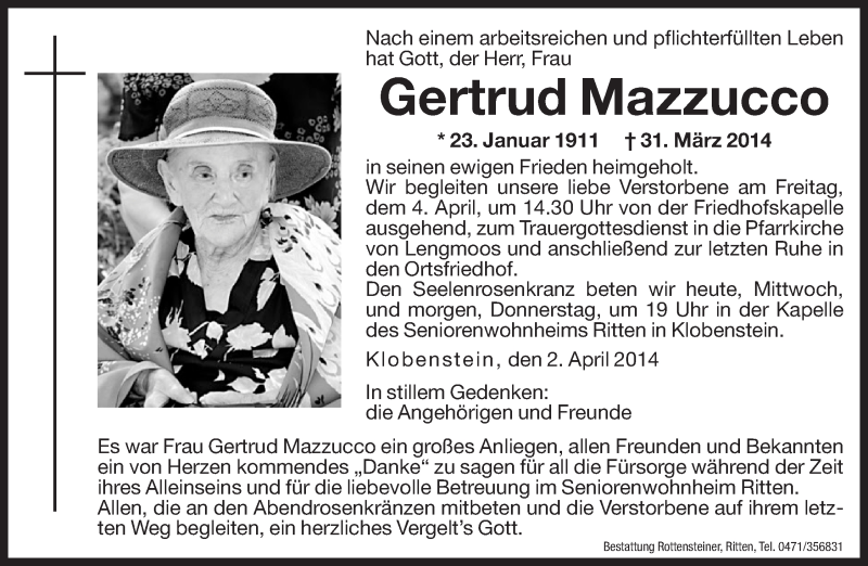  Traueranzeige für Gertrud Mazzucco vom 02.04.2014 aus Dolomiten