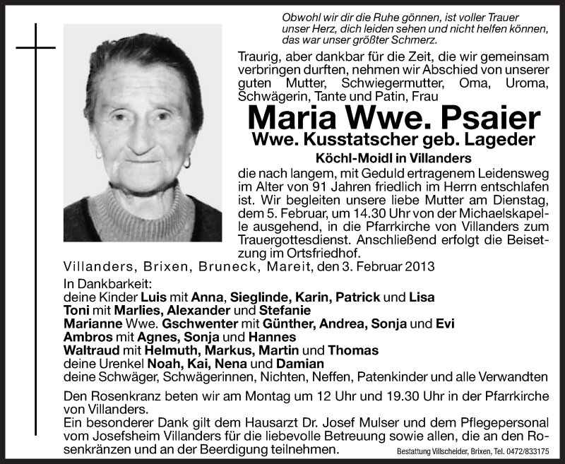  Traueranzeige für Maria Psaier vom 04.02.2013 aus Dolomiten