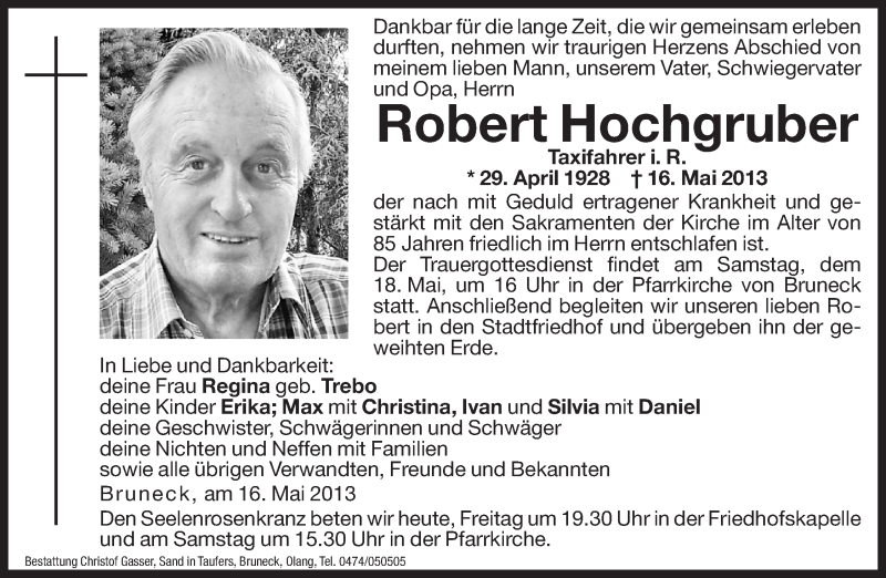  Traueranzeige für Robert Hochgruber vom 17.05.2013 aus Dolomiten