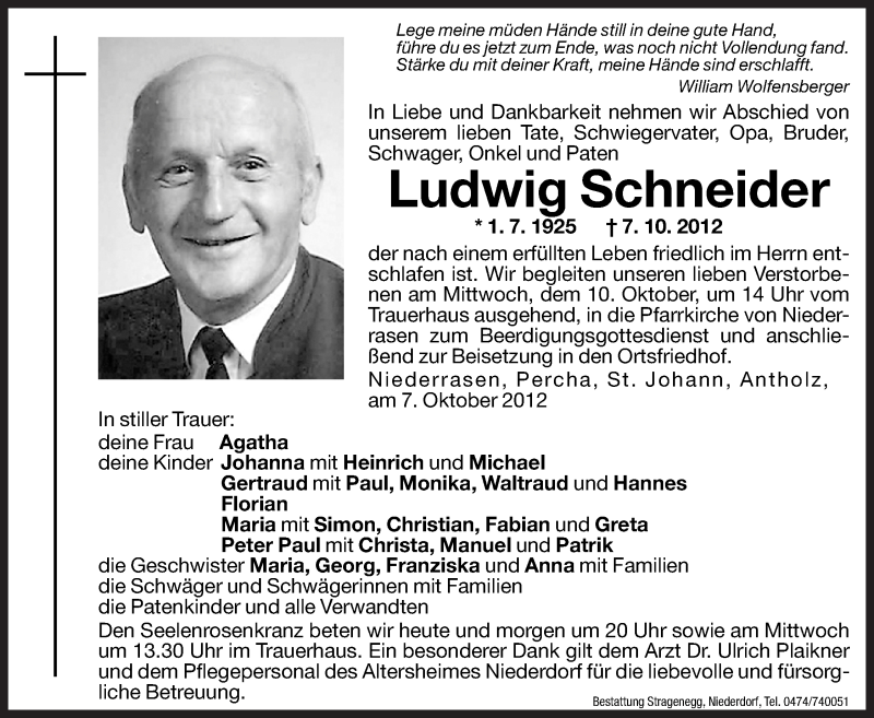  Traueranzeige für Ludwig Schneider vom 08.10.2012 aus Dolomiten