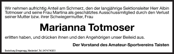 Traueranzeige von Marianna Totmoser von Dolomiten