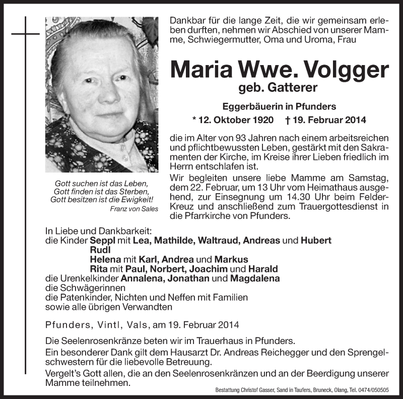  Traueranzeige für Maria Volgger vom 21.02.2014 aus Dolomiten