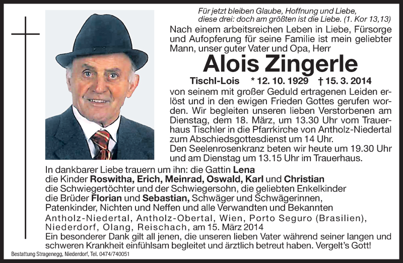  Traueranzeige für Alois Zingerle vom 17.03.2014 aus Dolomiten