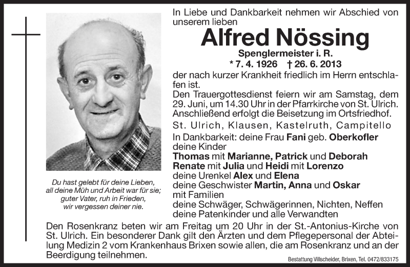  Traueranzeige für Alfred Nössing vom 28.06.2013 aus Dolomiten