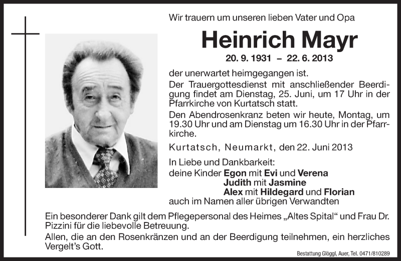  Traueranzeige für Heinrich Mayr vom 24.06.2013 aus Dolomiten