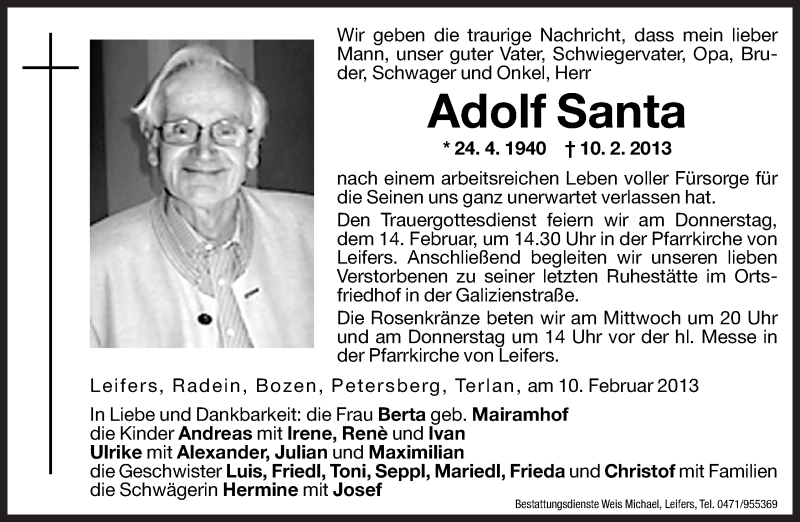  Traueranzeige für Adolf Santa vom 12.02.2013 aus Dolomiten