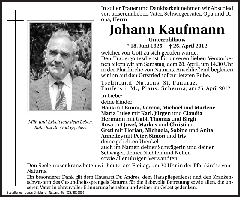  Traueranzeige für Johann Kaufmann vom 27.04.2012 aus Dolomiten