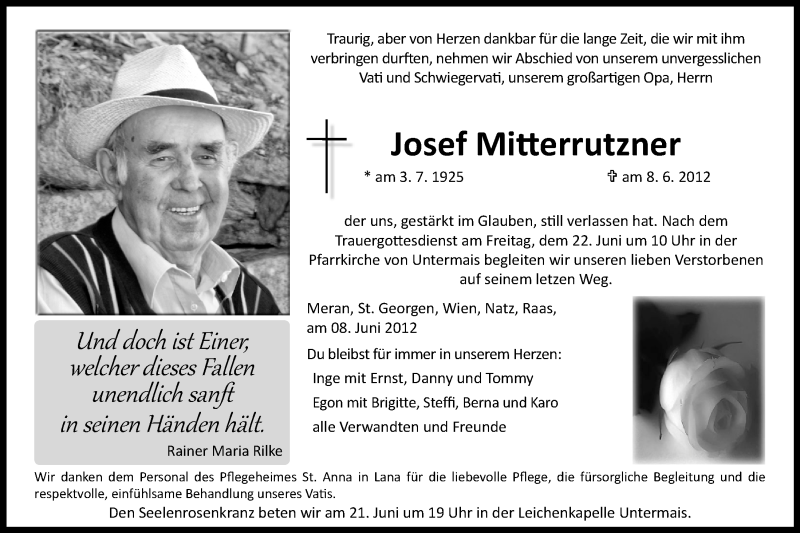  Traueranzeige für Josef Mitterrutzner vom 20.06.2012 aus Dolomiten