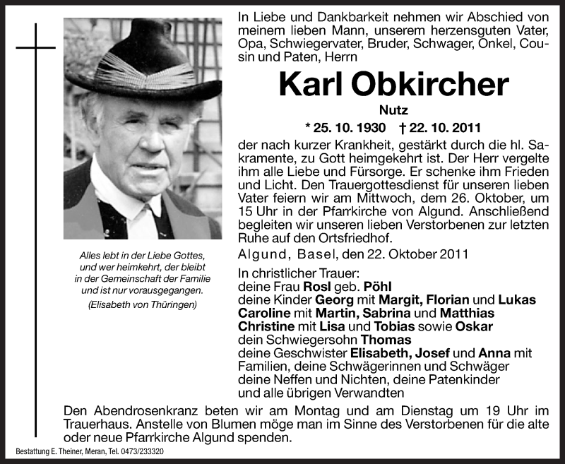  Traueranzeige für Karl Obkircher vom 24.10.2011 aus Dolomiten