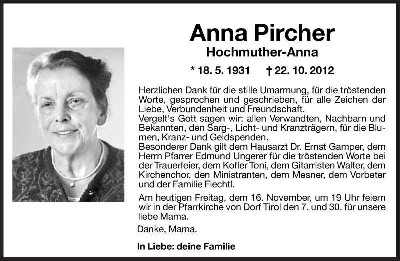  Traueranzeige für Anna Pircher vom 16.11.2012 aus Dolomiten