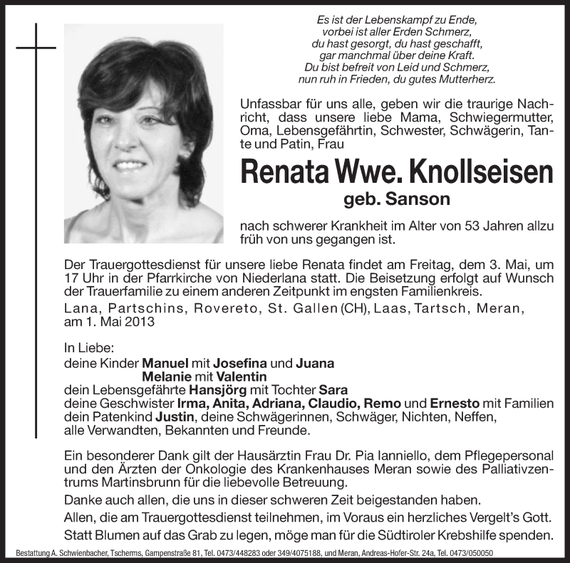  Traueranzeige für Renata Knollseisen vom 03.05.2013 aus Dolomiten