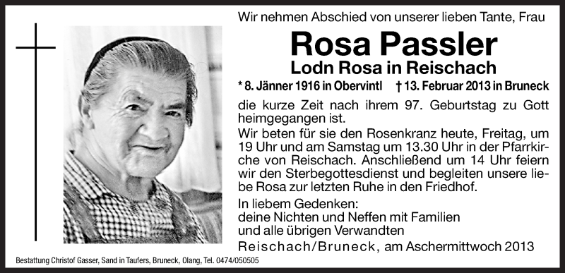  Traueranzeige für Rosa Passler vom 15.02.2013 aus Dolomiten