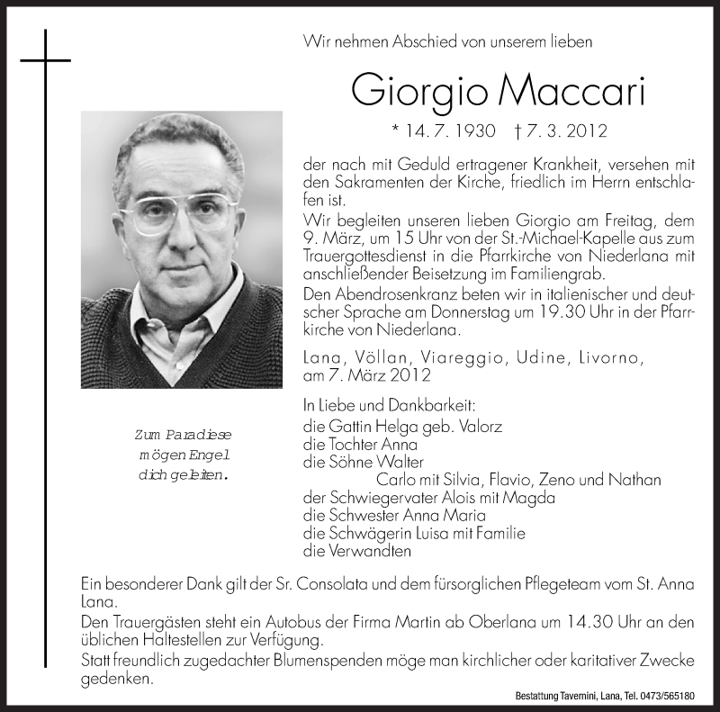  Traueranzeige für Giorgio Maccari vom 08.03.2012 aus Dolomiten