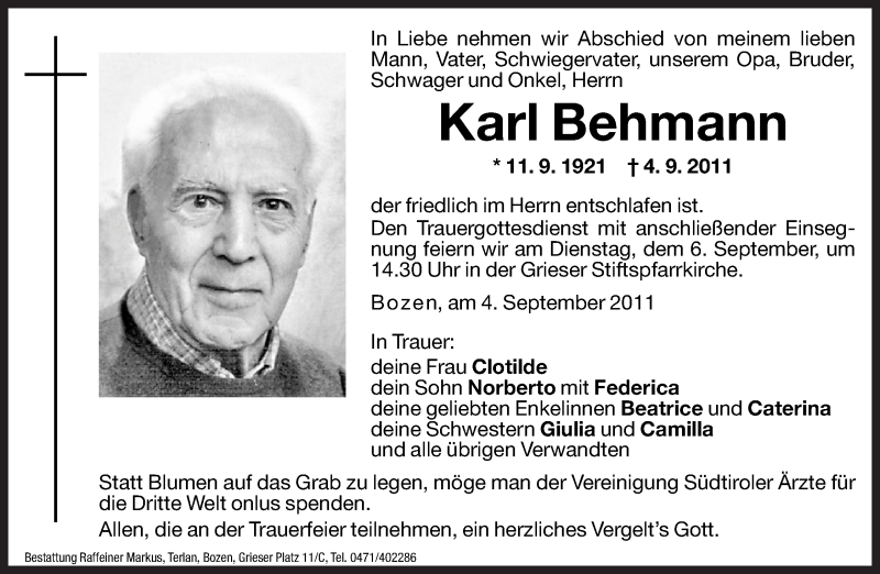  Traueranzeige für Karl Behmann vom 05.09.2011 aus Dolomiten