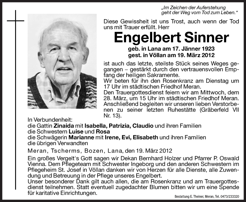  Traueranzeige für Engelbert Sinner vom 26.03.2012 aus Dolomiten