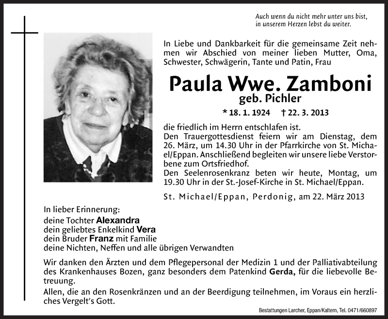  Traueranzeige für Paula Zamboni vom 25.03.2013 aus Dolomiten