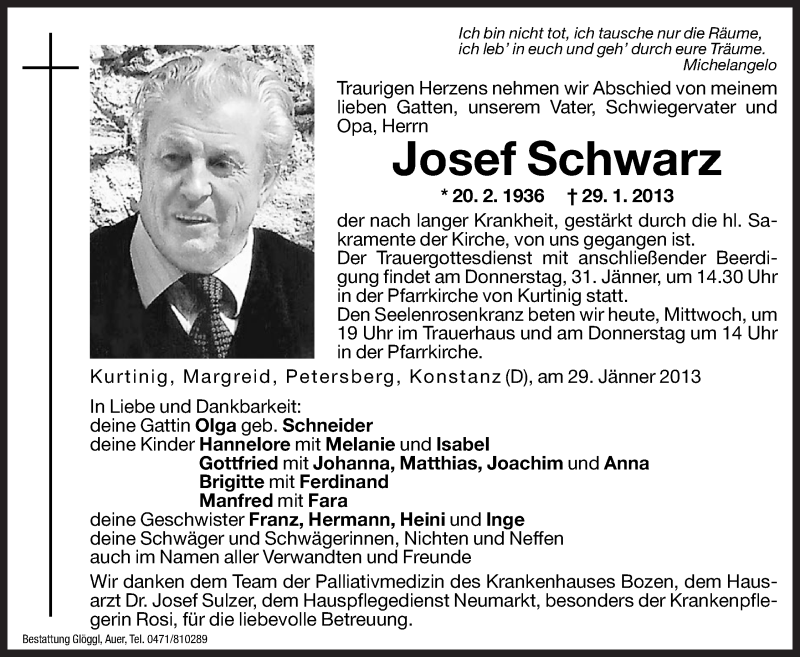  Traueranzeige für Josef Schwarz vom 30.01.2013 aus Dolomiten