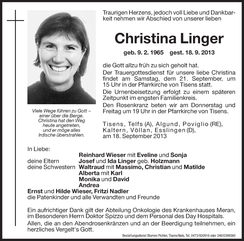  Traueranzeige für Christina Linger vom 19.09.2013 aus Dolomiten