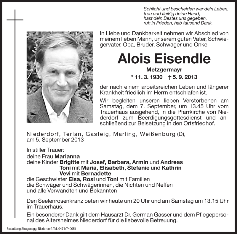  Traueranzeige für Alois Eisendle vom 06.09.2013 aus Dolomiten