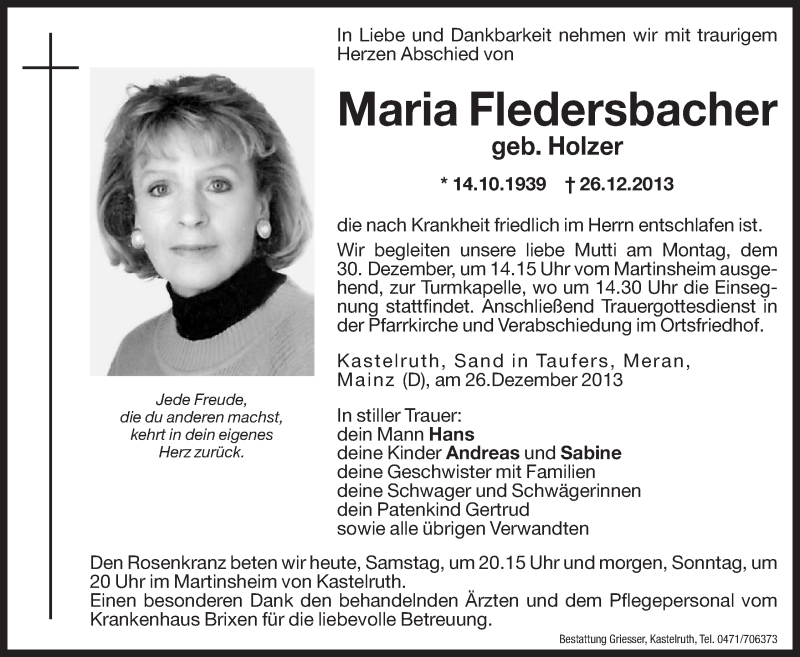  Traueranzeige für Maria Fledersbacher vom 28.12.2013 aus Dolomiten