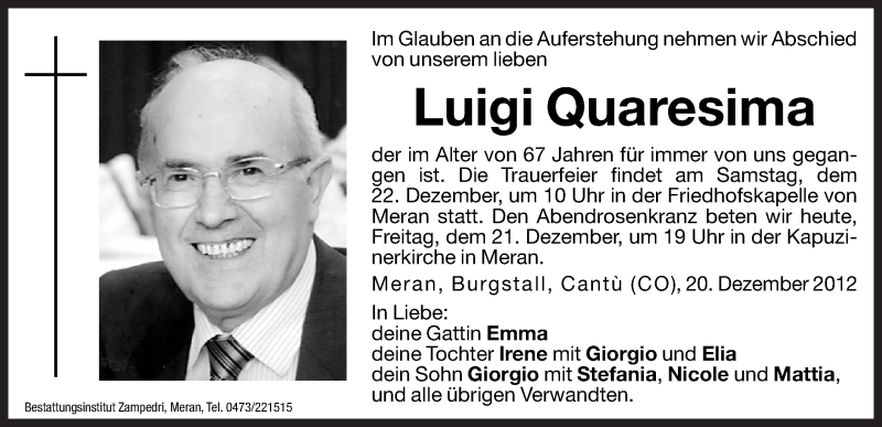  Traueranzeige für Luigi Quaresima vom 21.12.2012 aus Dolomiten