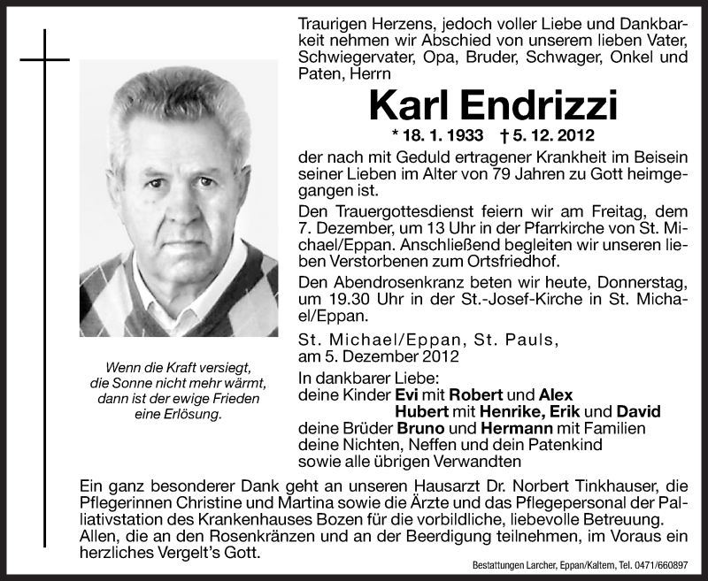  Traueranzeige für Karl Endrizzi vom 06.12.2012 aus Dolomiten