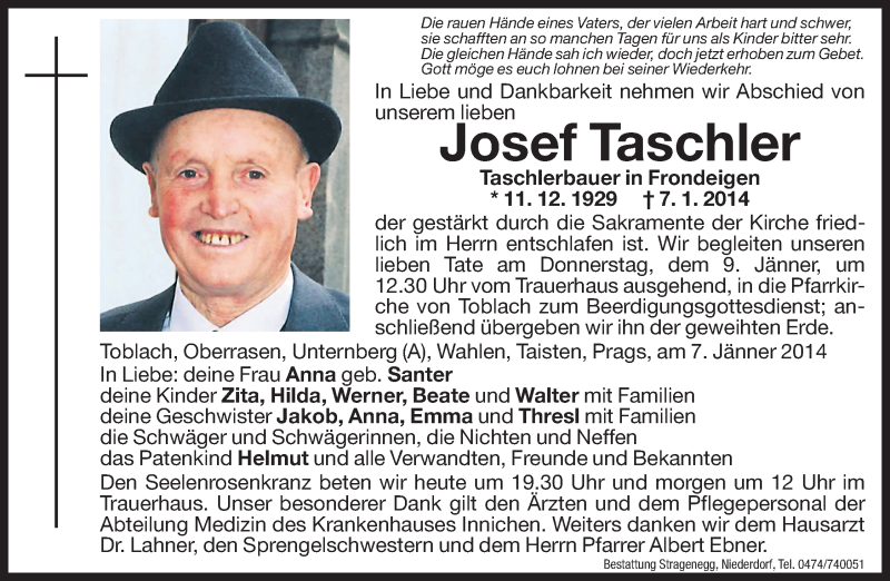  Traueranzeige für Josef Taschler vom 08.01.2014 aus Dolomiten