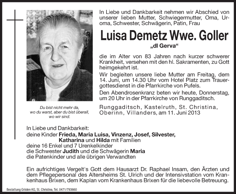  Traueranzeige für Luisa Goller vom 13.06.2013 aus Dolomiten