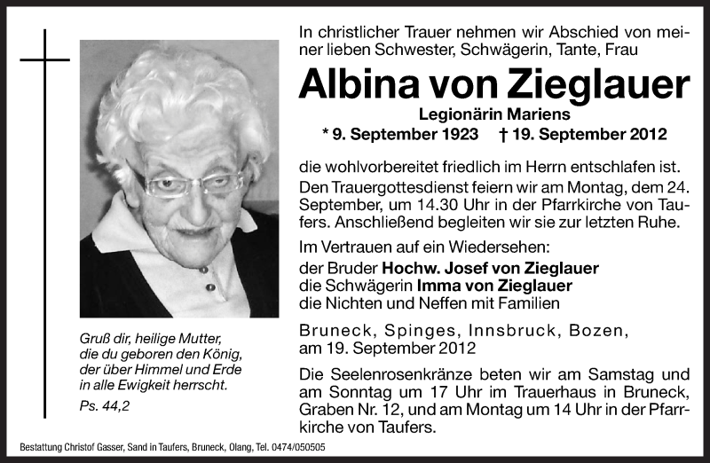  Traueranzeige für Albina von Zieglauer vom 21.09.2012 aus Dolomiten